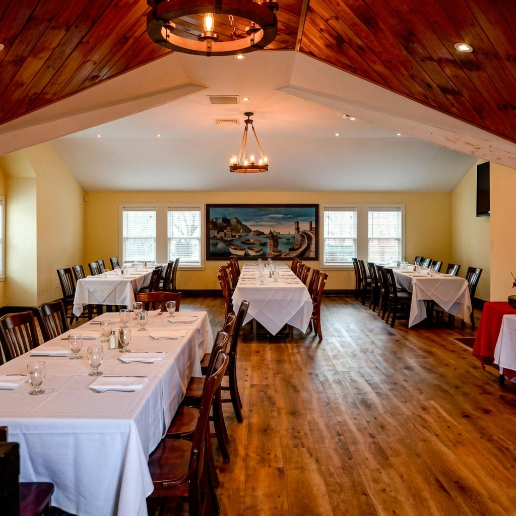 Quincy Ave Catering private function room with vaulted wood ceiling, chandeliers, and elegant table settings