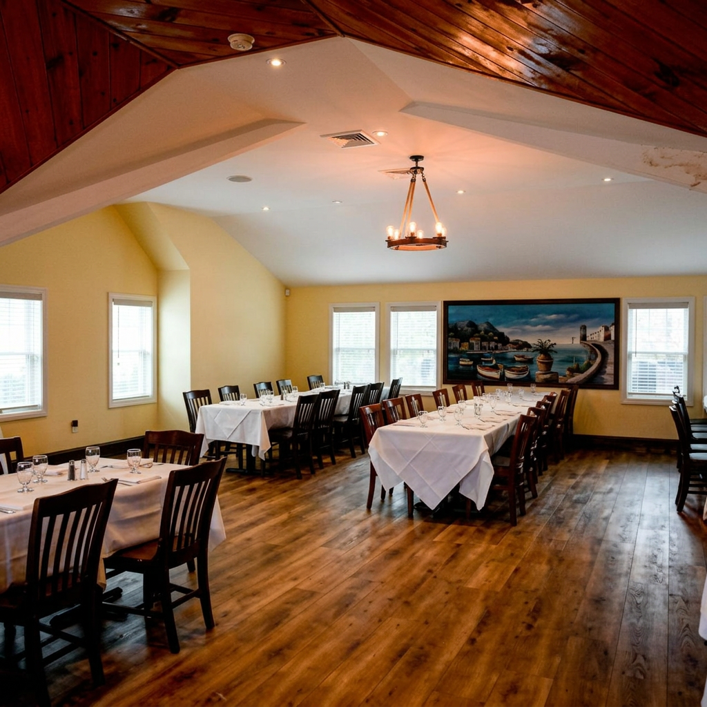 Long banquet-style table setup for weddings and large parties