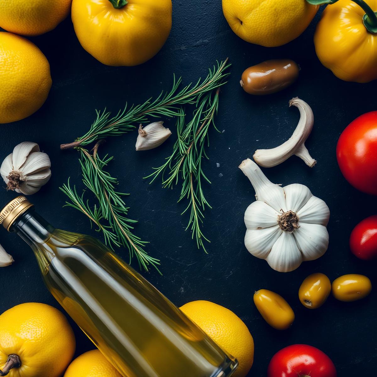 Fresh Italian & Mediterranean ingredients overhead — lemons, rosemary, olive oil