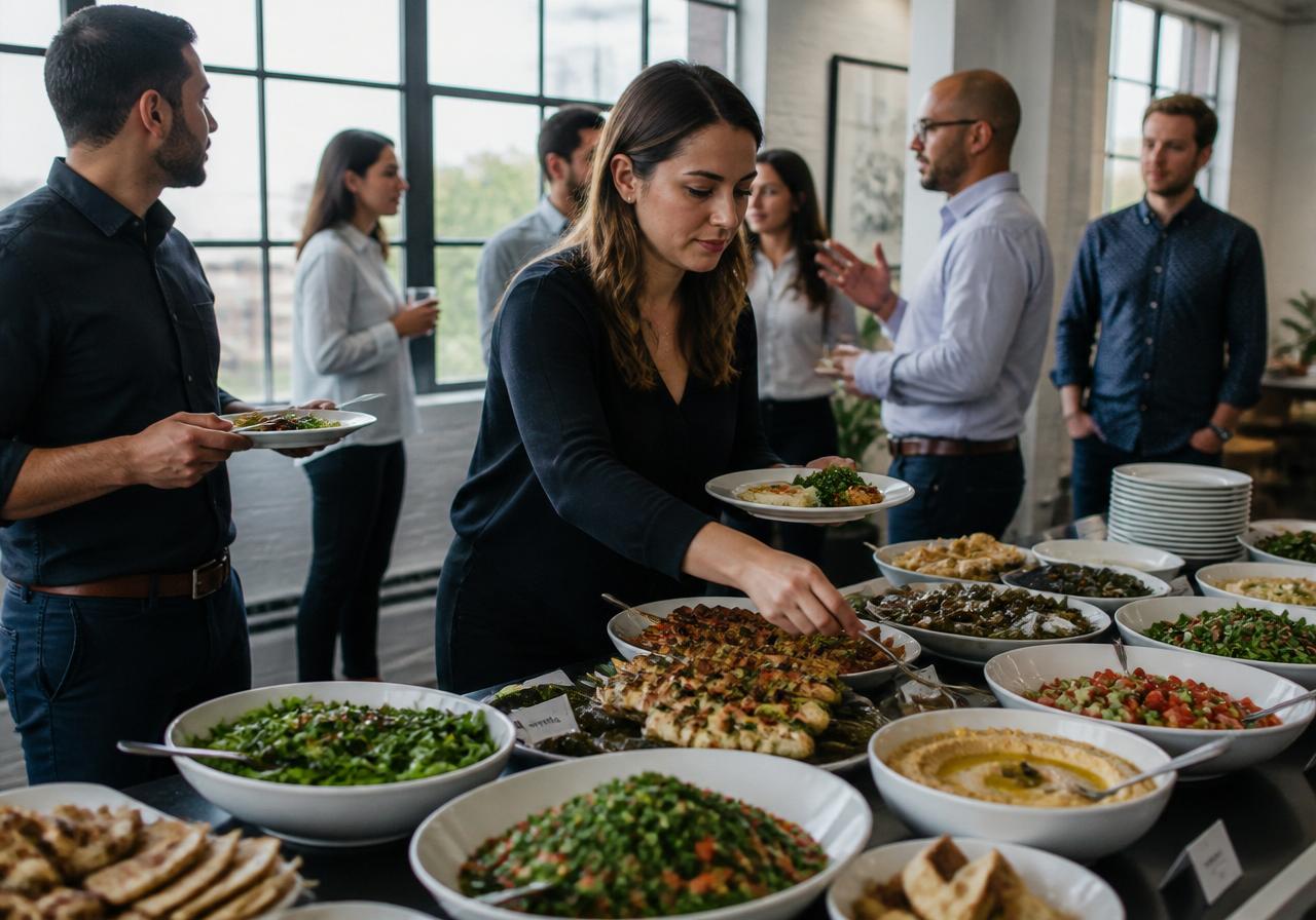 Corporate lunch spread with Italian and Mediterranean salads in a modern office