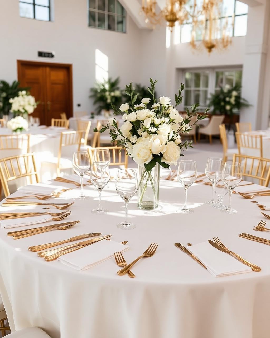 Elegant wedding table setting with white linens and gold cutlery